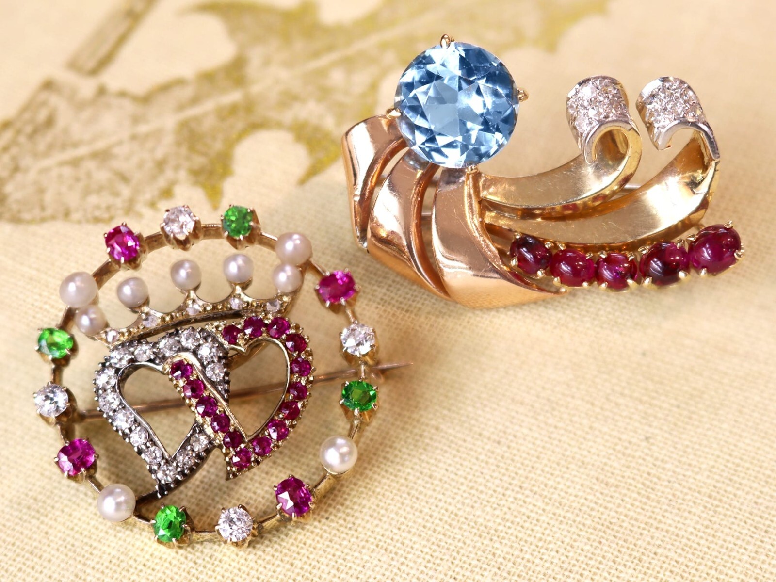 Pearl, 0.30Ct Demantoid Garnet, 0.45Ct Ruby, 0.35Ct Diamond, 14k Gold Brooch