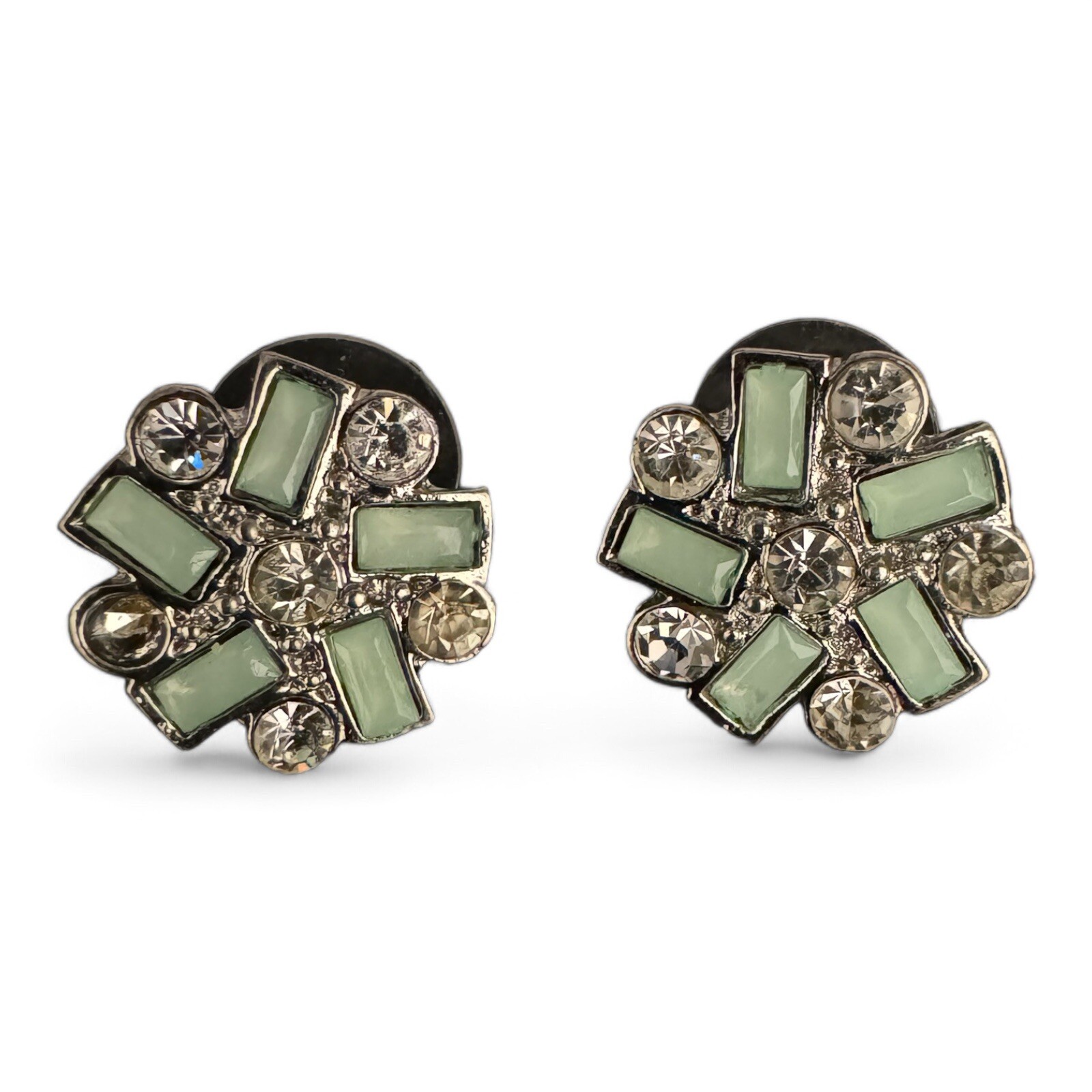 Vintage Milk Green Emerald Cut And Round Clear Rhinestones Stud Earrings