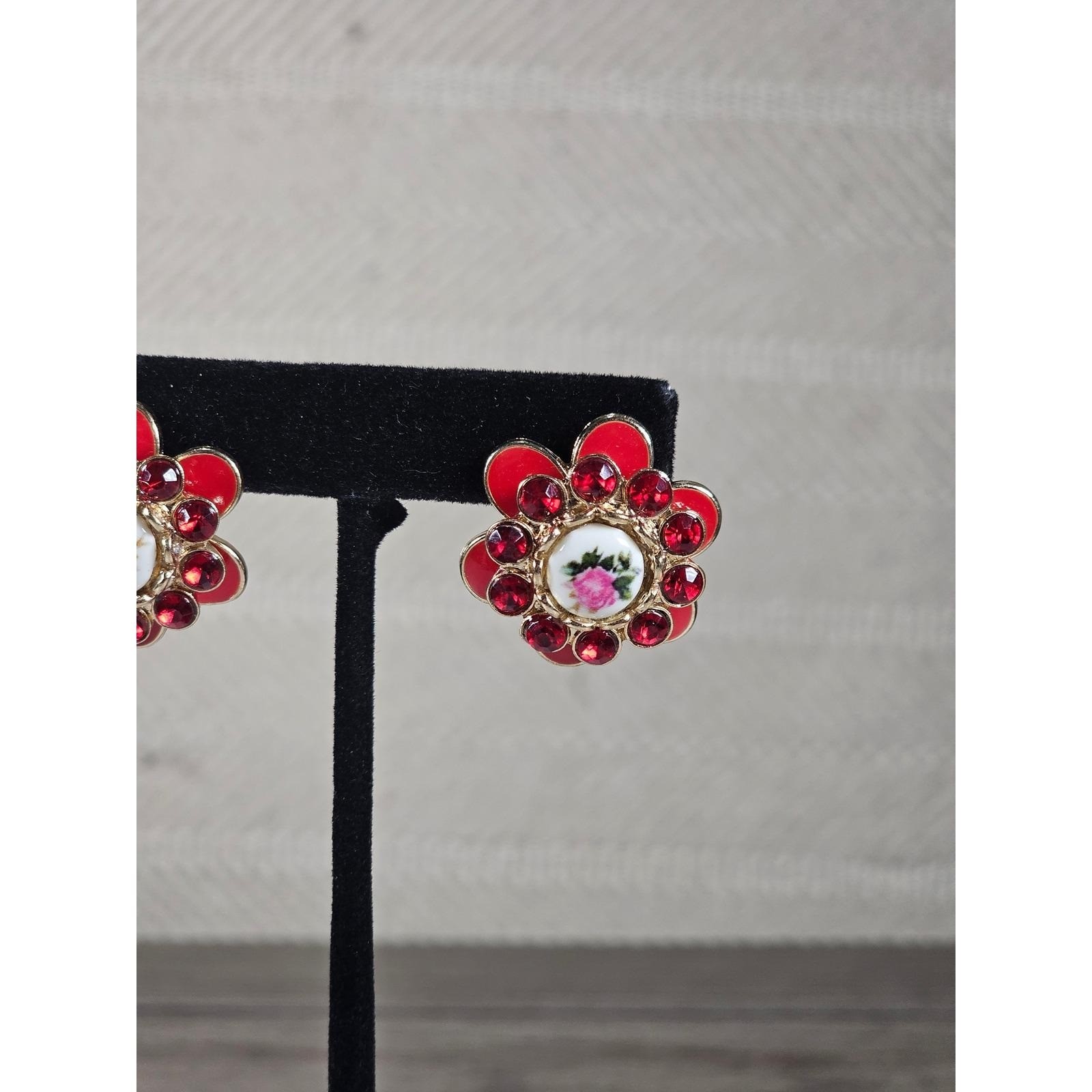 Vintage Red Floral Stud Earrings Rhinestone Rose Enamel Gold Tone