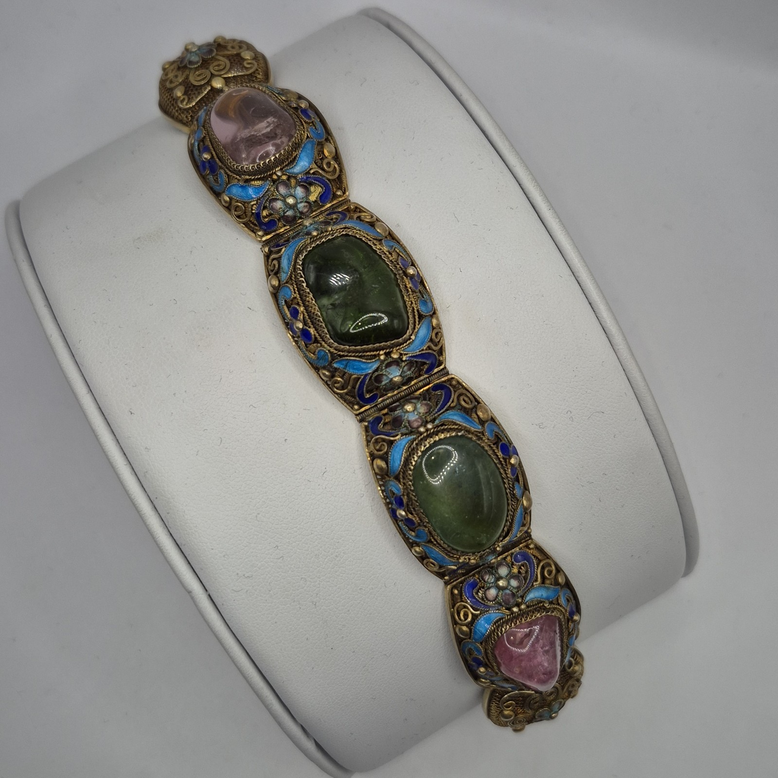 Vintage Silver W/ Gold Wash Chinese Export Tourmaline Enamel Filigree Bracelet