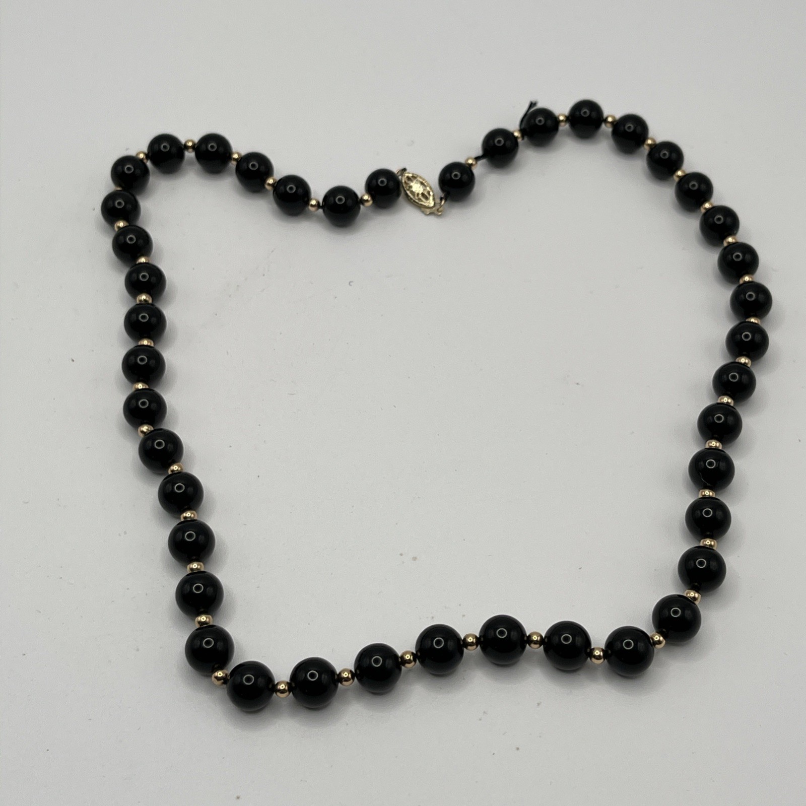 Vintage Black Onyx Beaded Necklace 14k Gold Clasp 18” As Is Restring