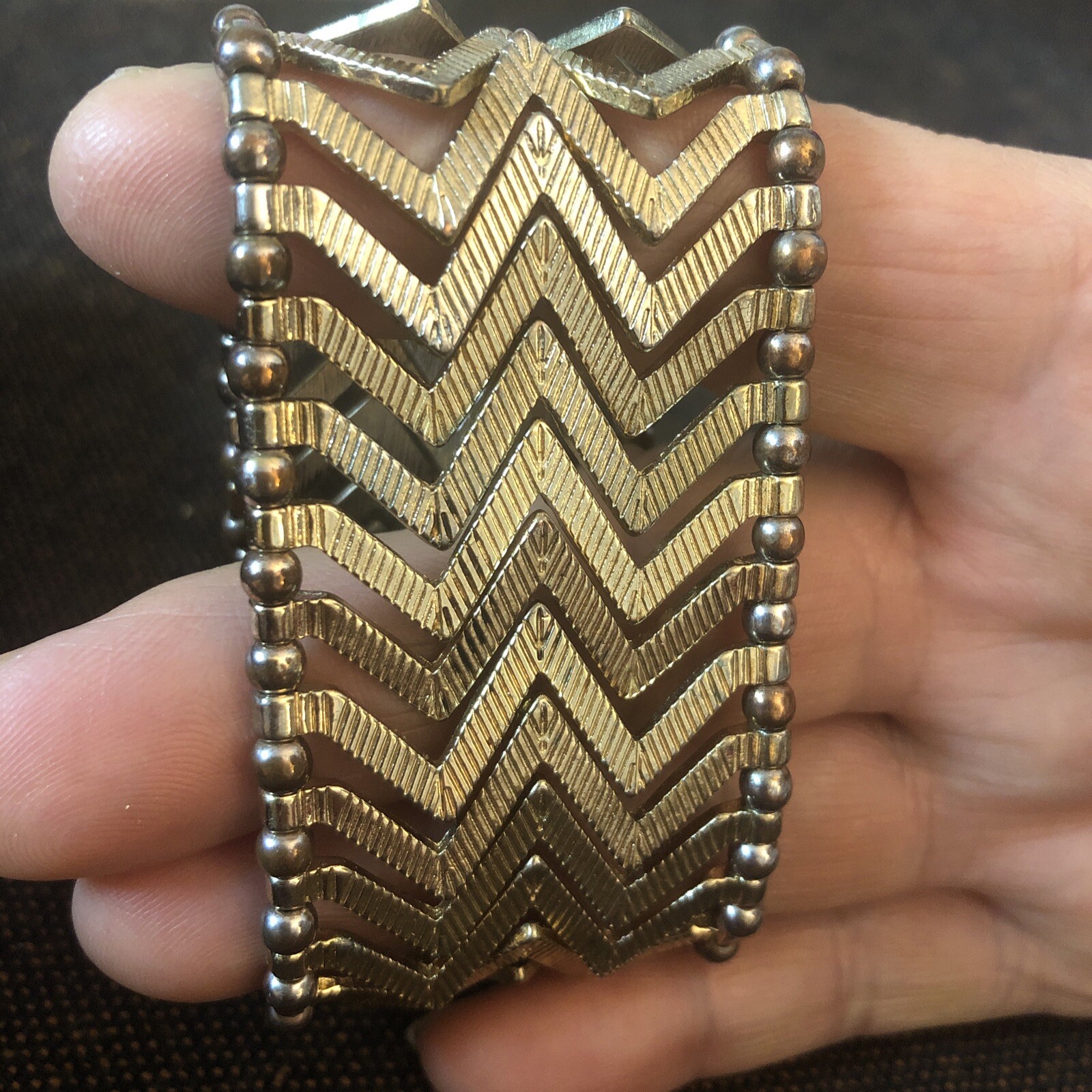 Vintage Rose Gold Tone Metal Zig Zag Stretch Bracelet Heavy 44g