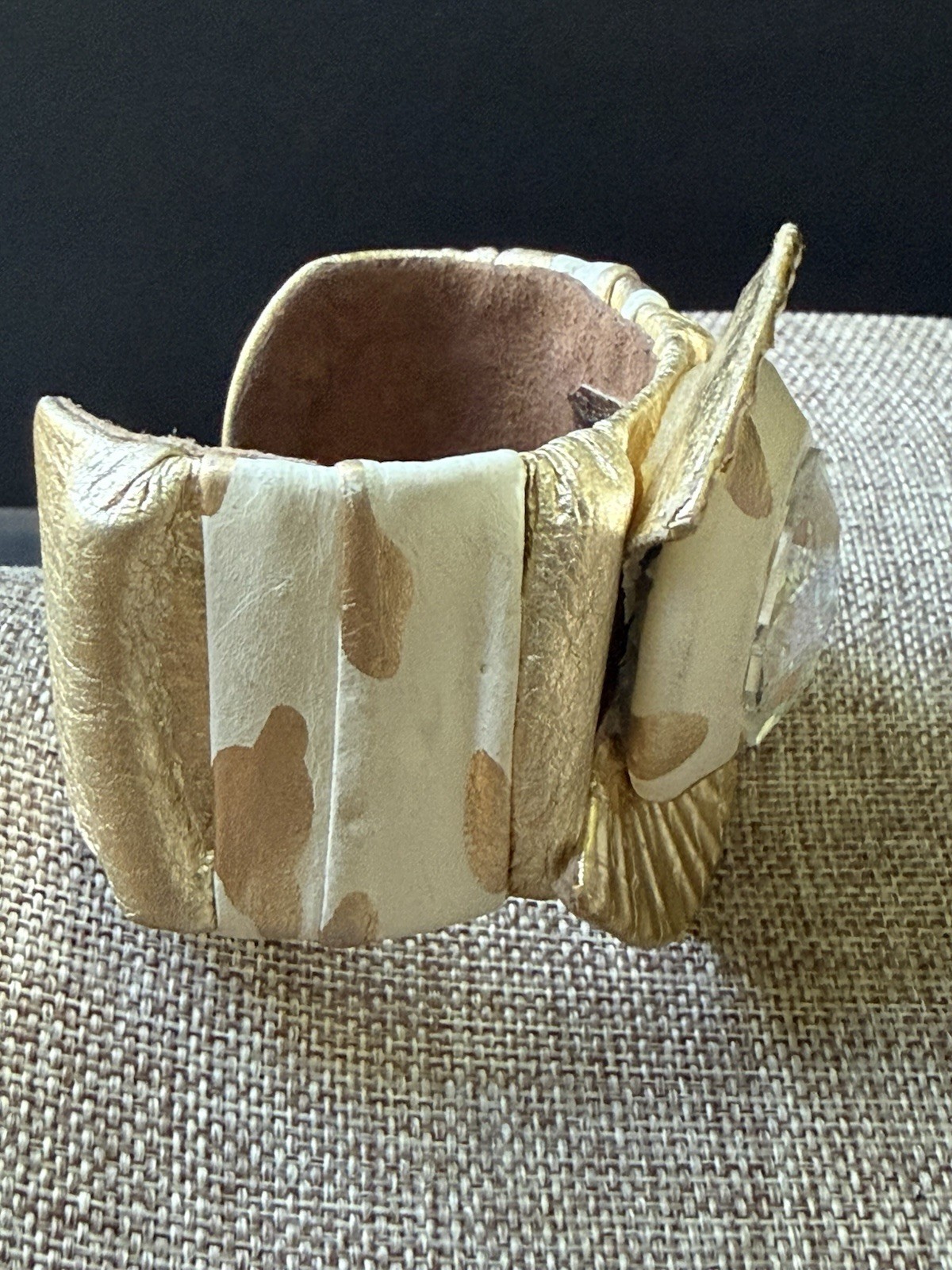 Vintage Chunky Leather Rhinestone Bangle Cuff Bracelet Cream Gold Tone 80s 90s