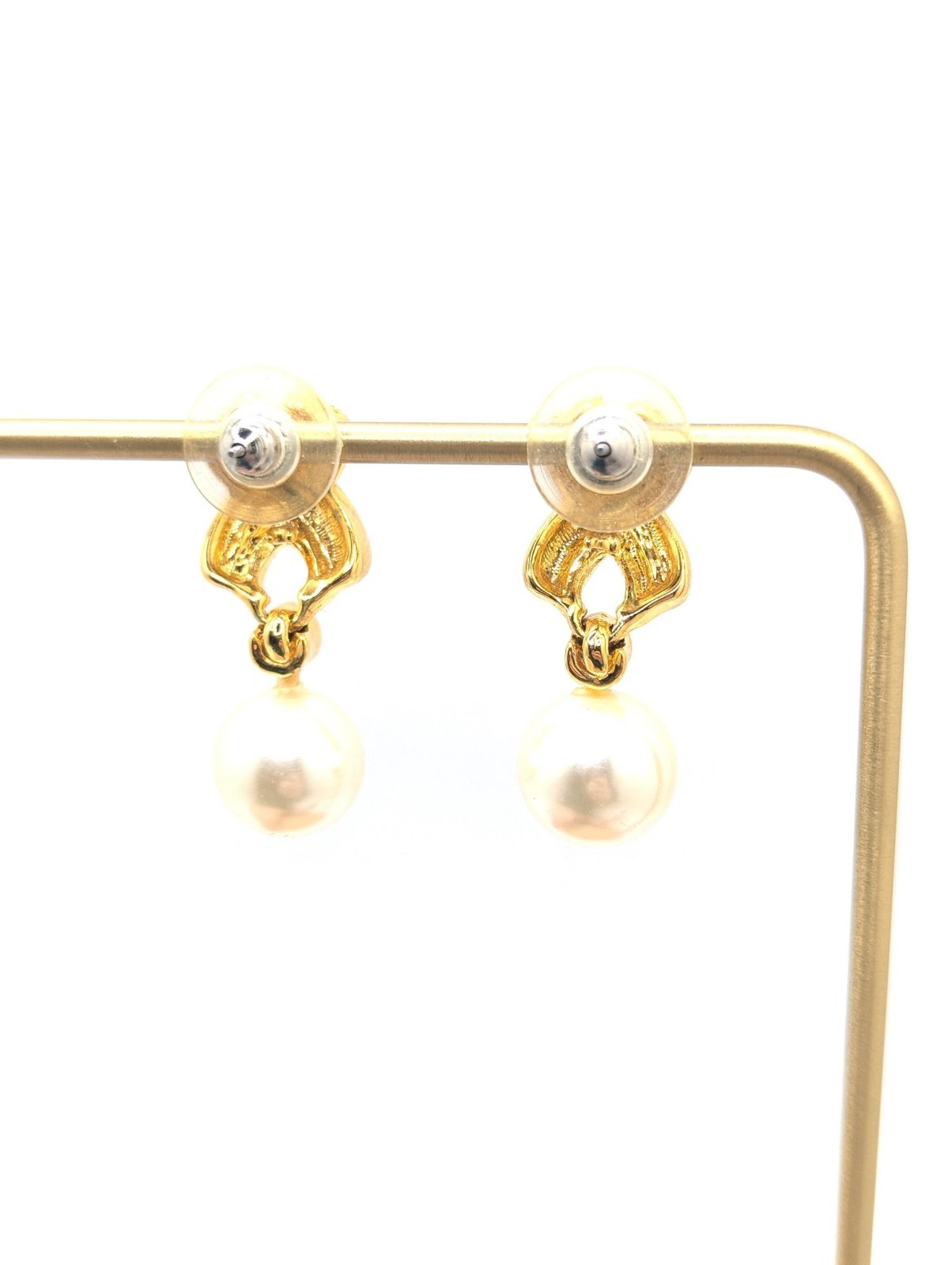 Vintage Drop Dangle Gold Tone Earrings Faux Pearl X Modernist Abstract Classic