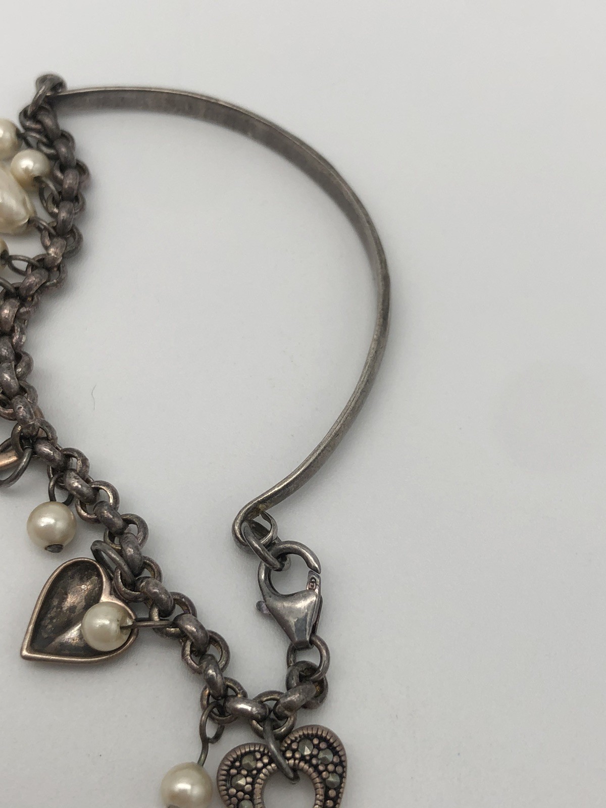Vintage Sterling Silver Heart And Key Charm Bracelet Marcasite Stones Faux Pearl