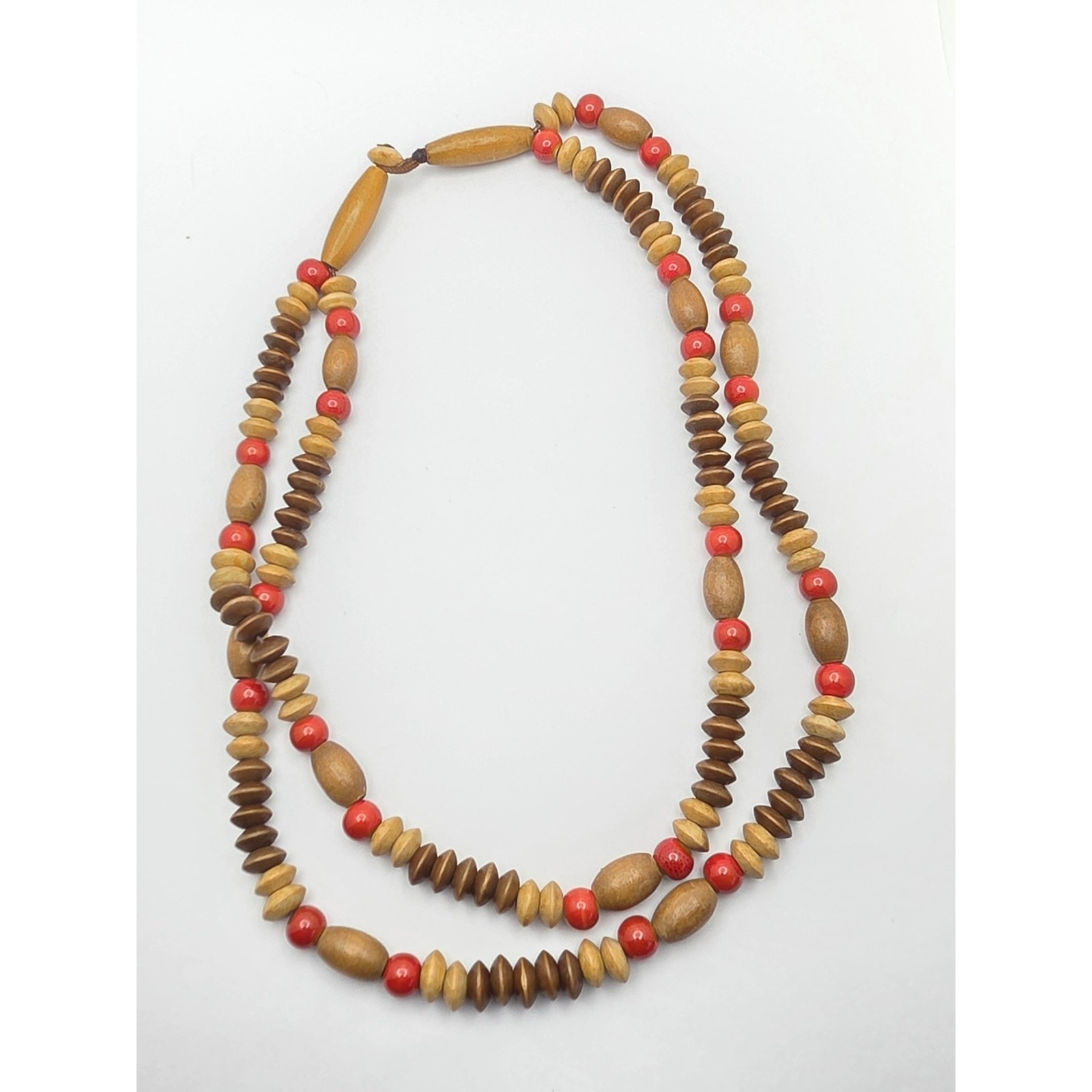 Vintage Multi-Strand Wood & Ceramic Bead Statement Necklace – 20” Boho