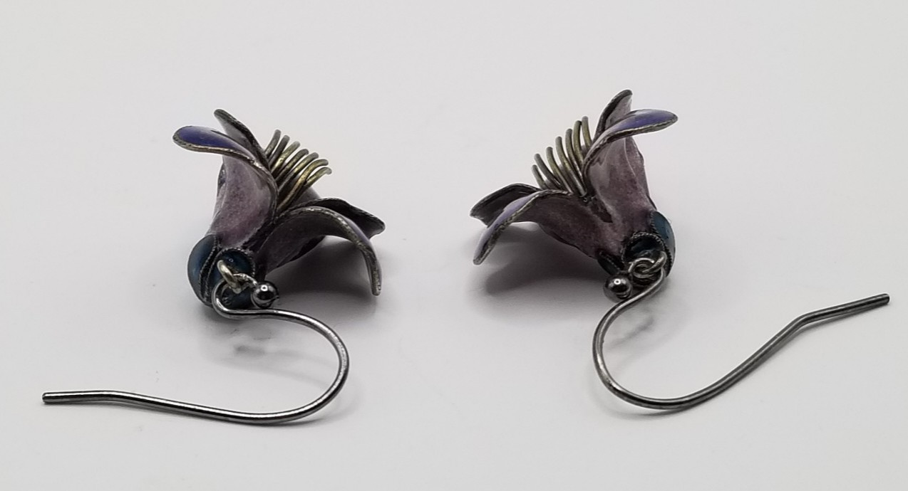 Vtg 925 Sterling Silver Purple & Blue Enameled 3D Pansy Flower Dangle Earrings