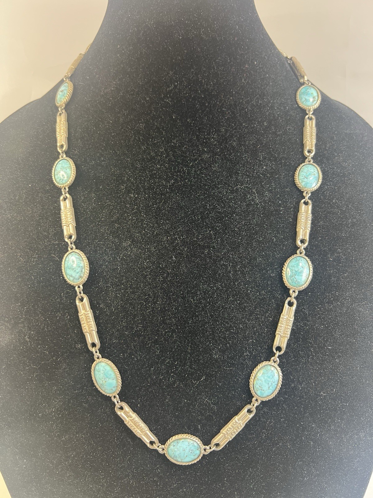 Vintage ACCESSOCRAFT NYC Bezel Set Faux Turquoise Bar Link Silver Tone Necklace