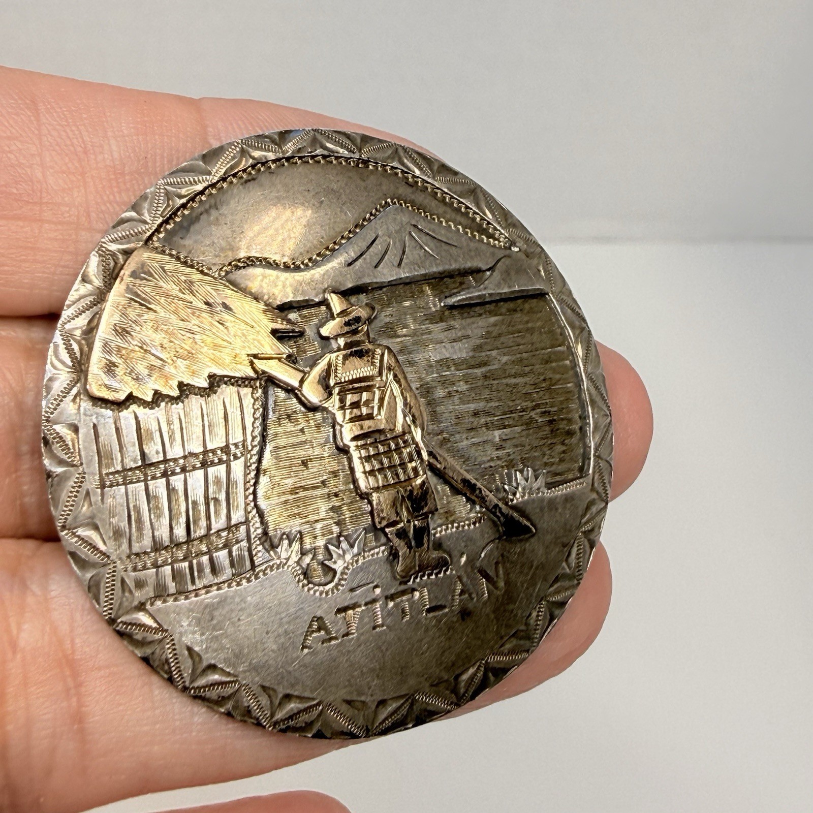 Vintage Guatemala Mixed Metal Round Brooch Stamped Atitlan Guatemala 900