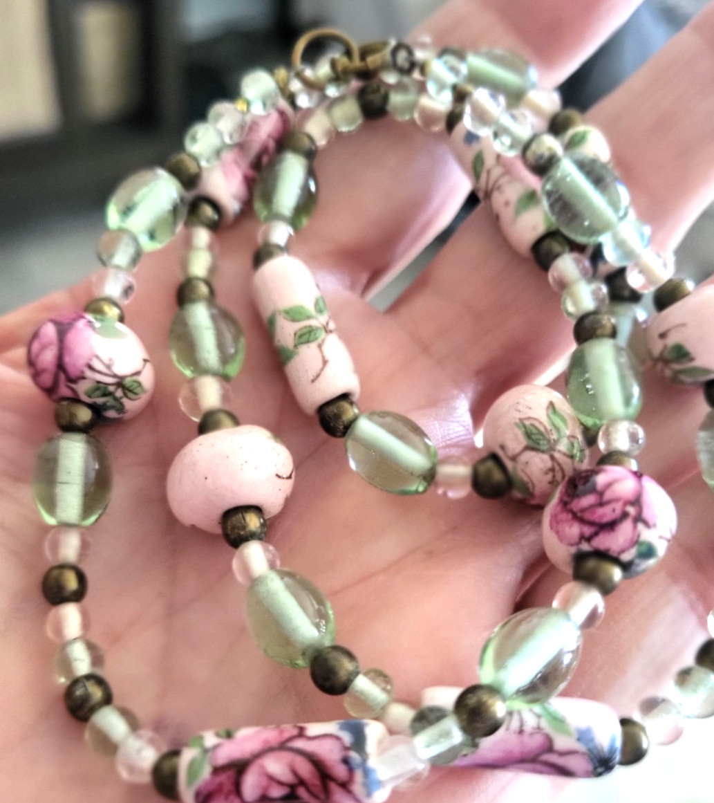 Vintage Cottagecore Sea Green Glass, Brass and Pink Porcelain Rose Bead Necklace