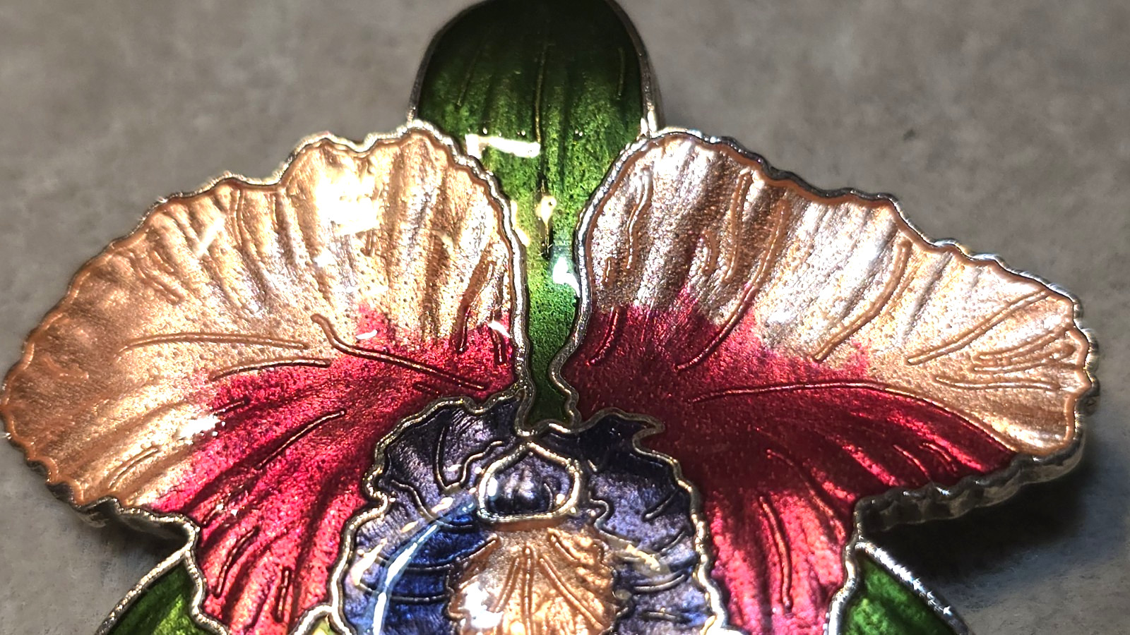 Vintage Cloisonne Enameled Orchid Brooch Pink Purple Silver Tone 2 inch
