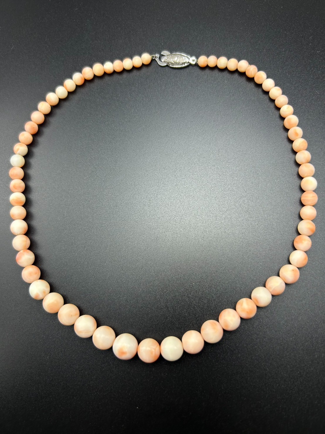 Japanese Pink Coral Bead Necklace Angel Skin Coral Graduated 10.6mm Silver Clasp