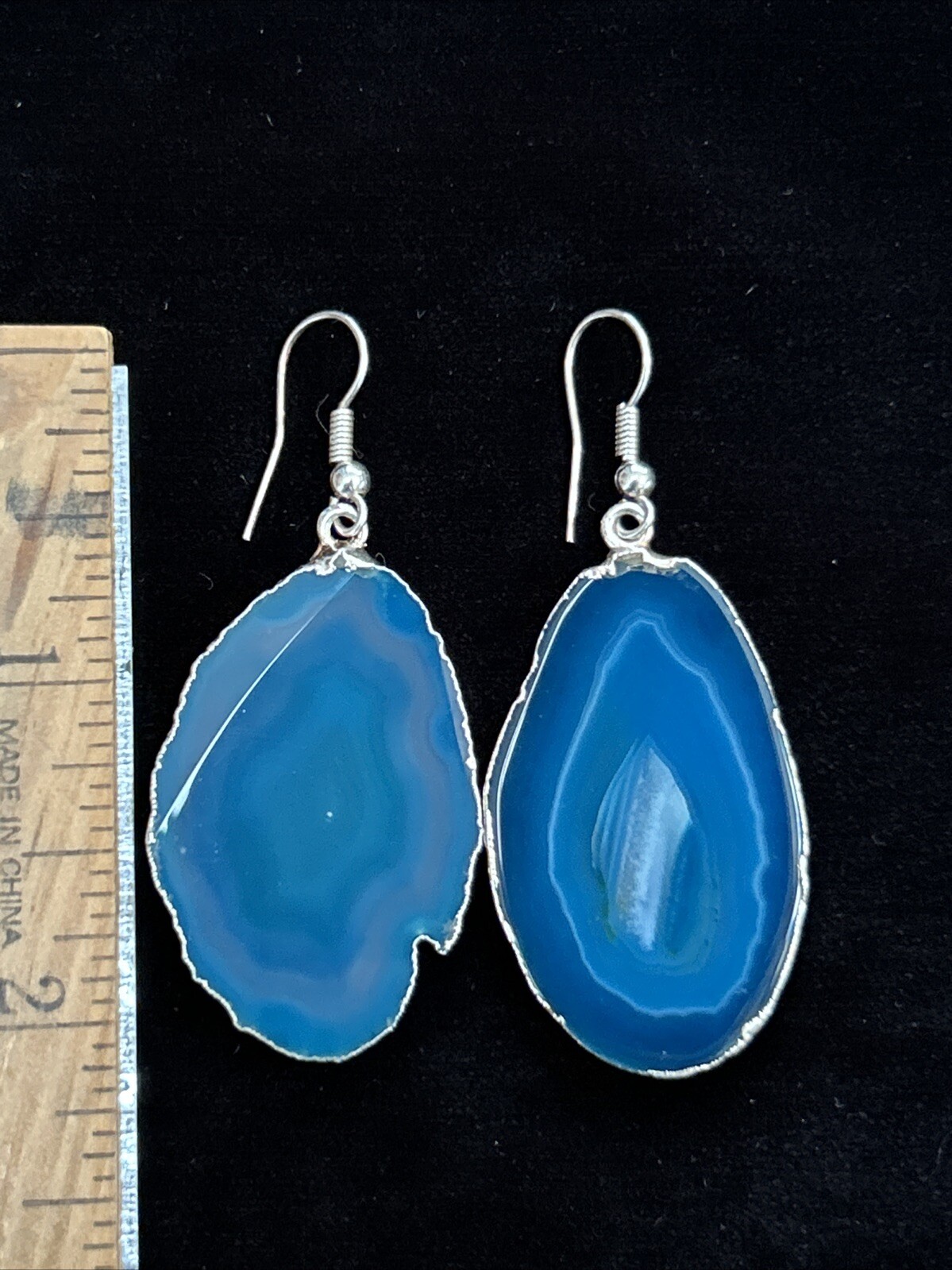 Vintage Silver Tone Blue Geode Slice Dangle Drop Pierced Earrings Large 2.25”