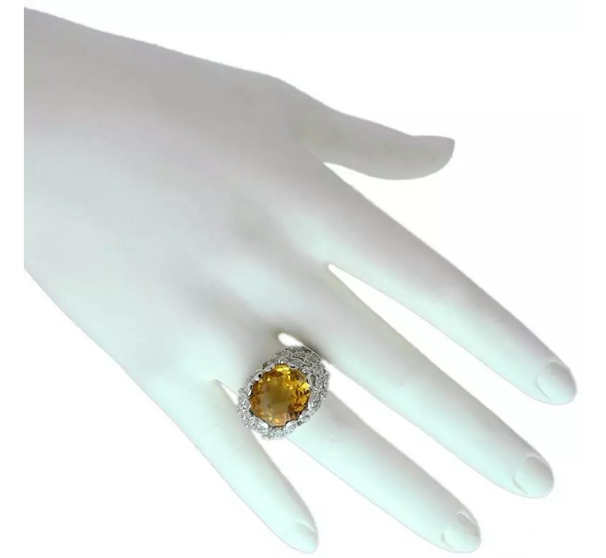 Large Honey Yellow 9.64ct Citrine With Flower Design White CZ Women’s Fine Ring