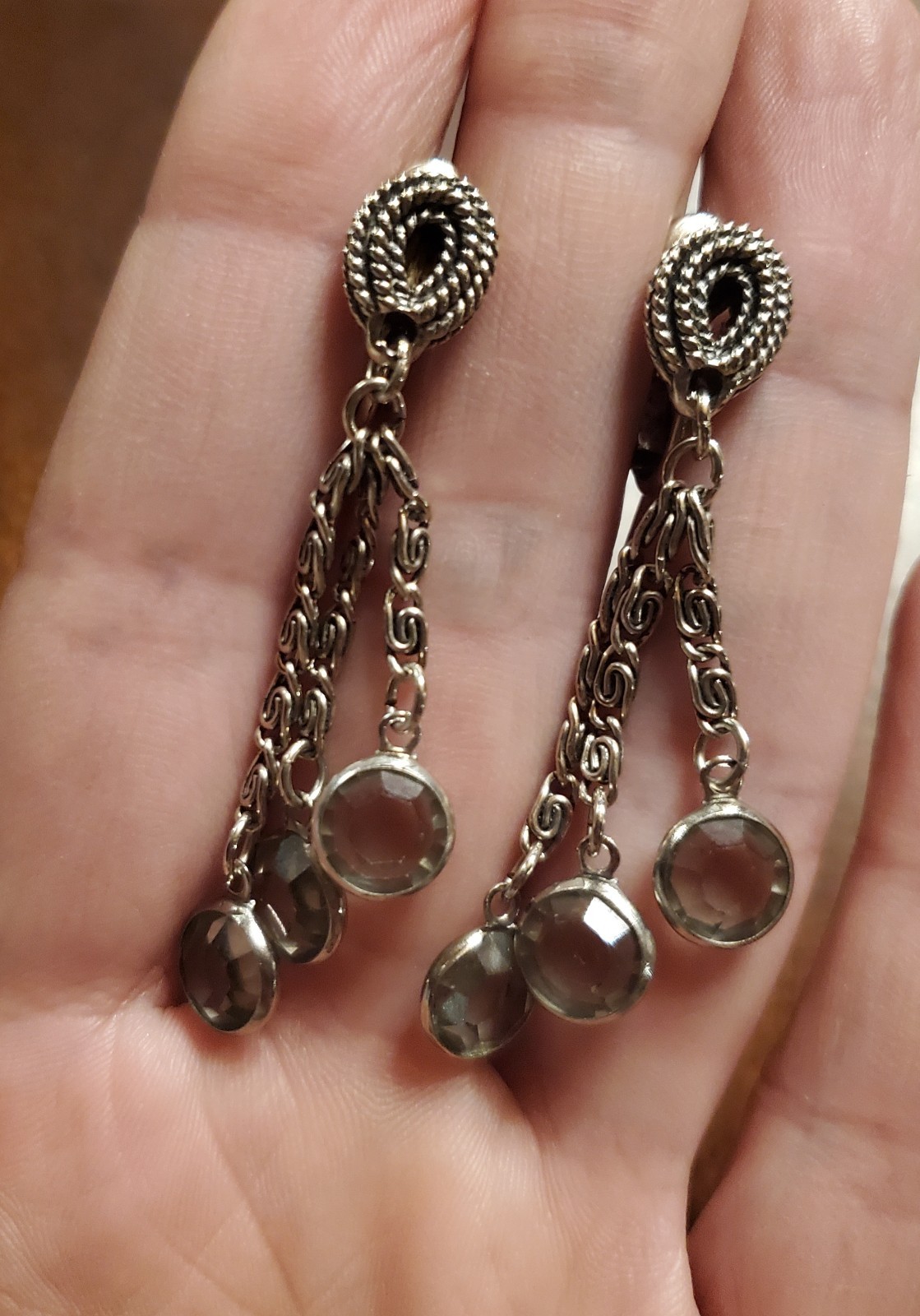 Vintage Goldette 3-chain Drop Adjustable Clip-On Earring with Smoky Crystals