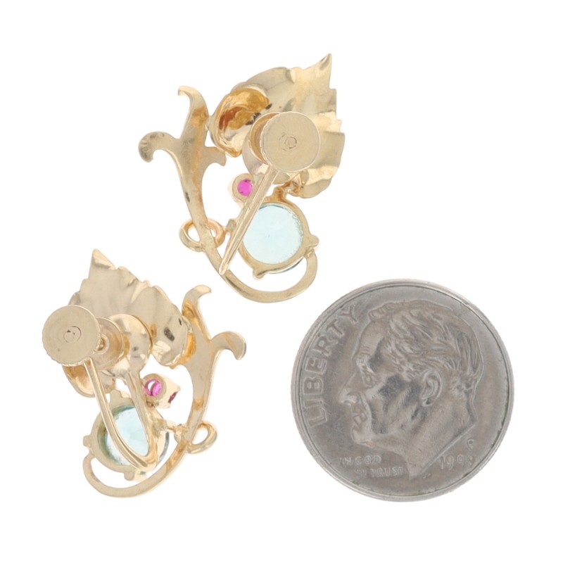 Yellow Gold Blue Zircon Ruby Retro Leaf Stud Earrings 14k Rd 1.94ctw Non-Pierced