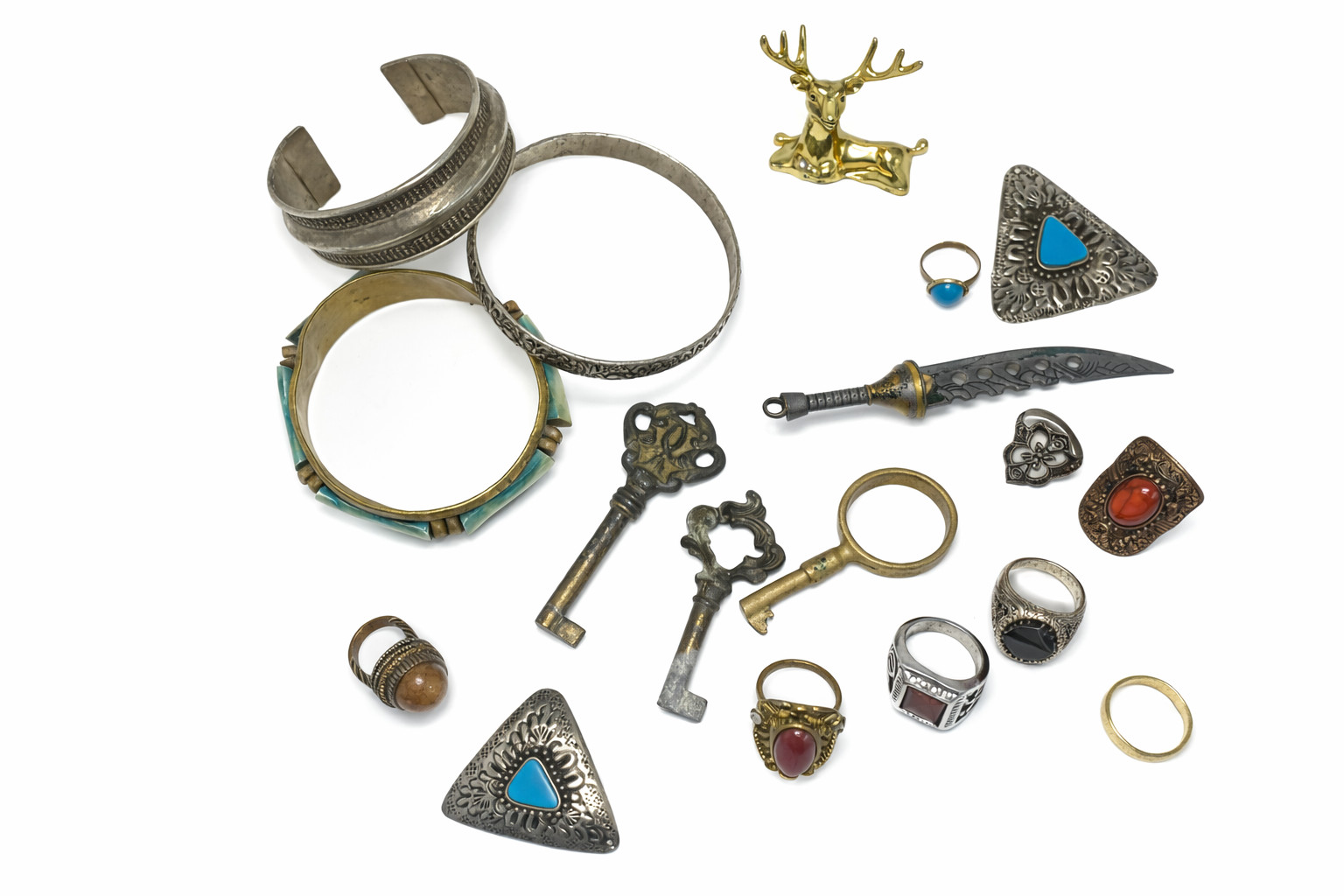 Vintage Jewelry & Curios Lot Bracelets Rings Keys Dagger Deer Figurine
