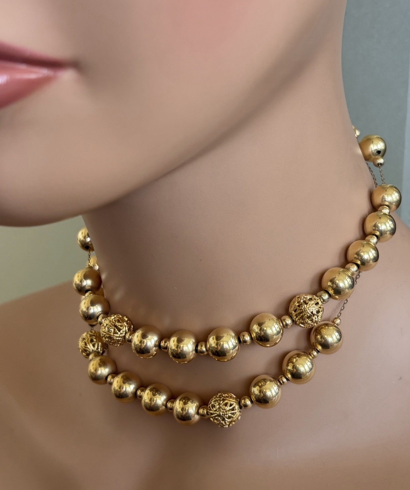 Vintage 14K GF Filigree Gold Ball Necklace Butterfly Clasp 16.5g 16” 1cm Beads