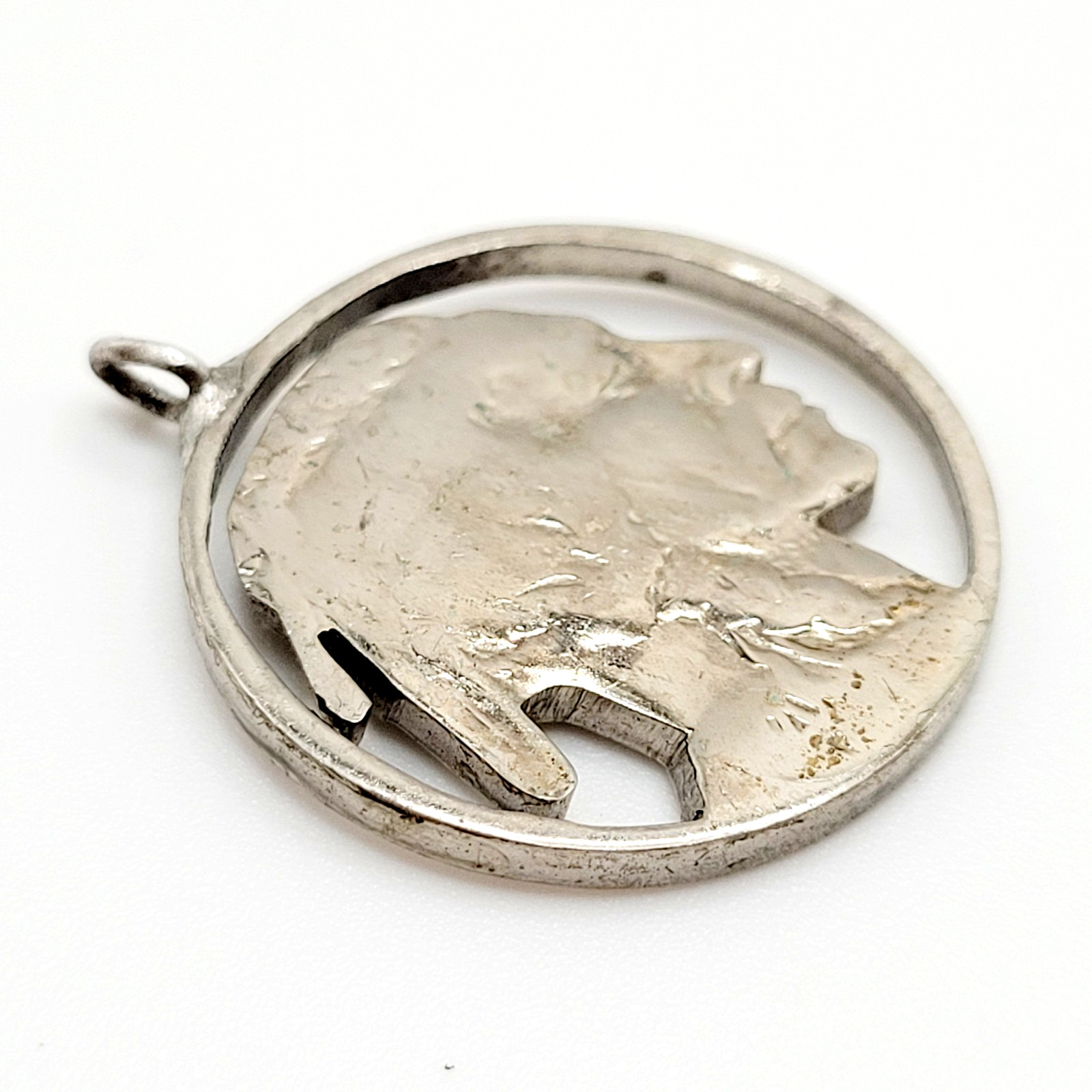 Shiny Buffalo Indian Nickel Silver Tone Cut Coin Pendant Cracked Bail For Repair