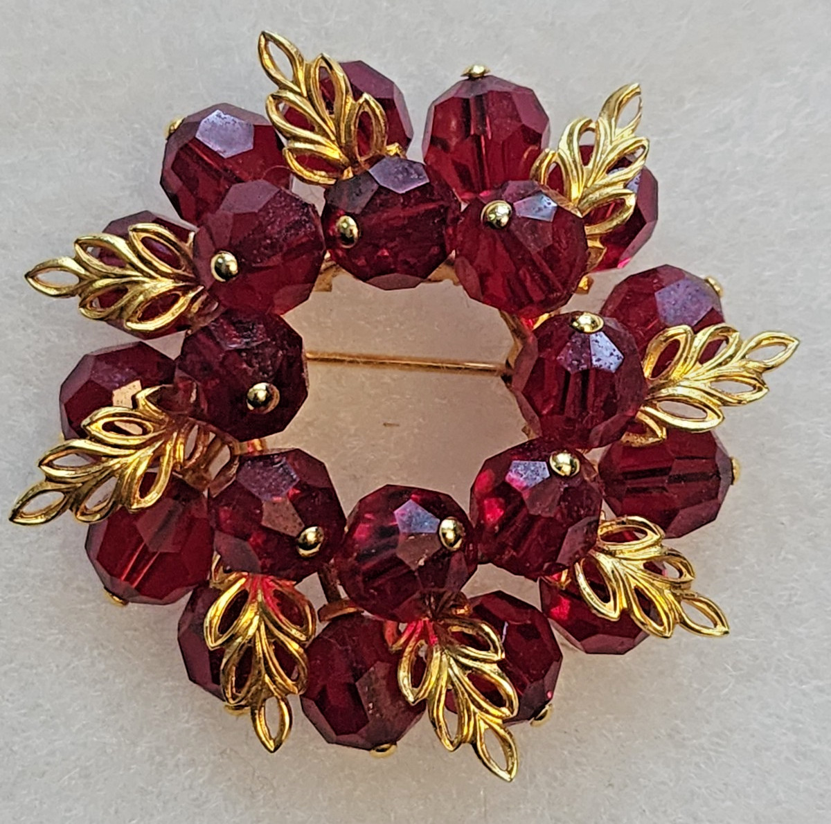 Austria Brooch w/ Red Beads and Gold Tone Filigree Leaf Accents