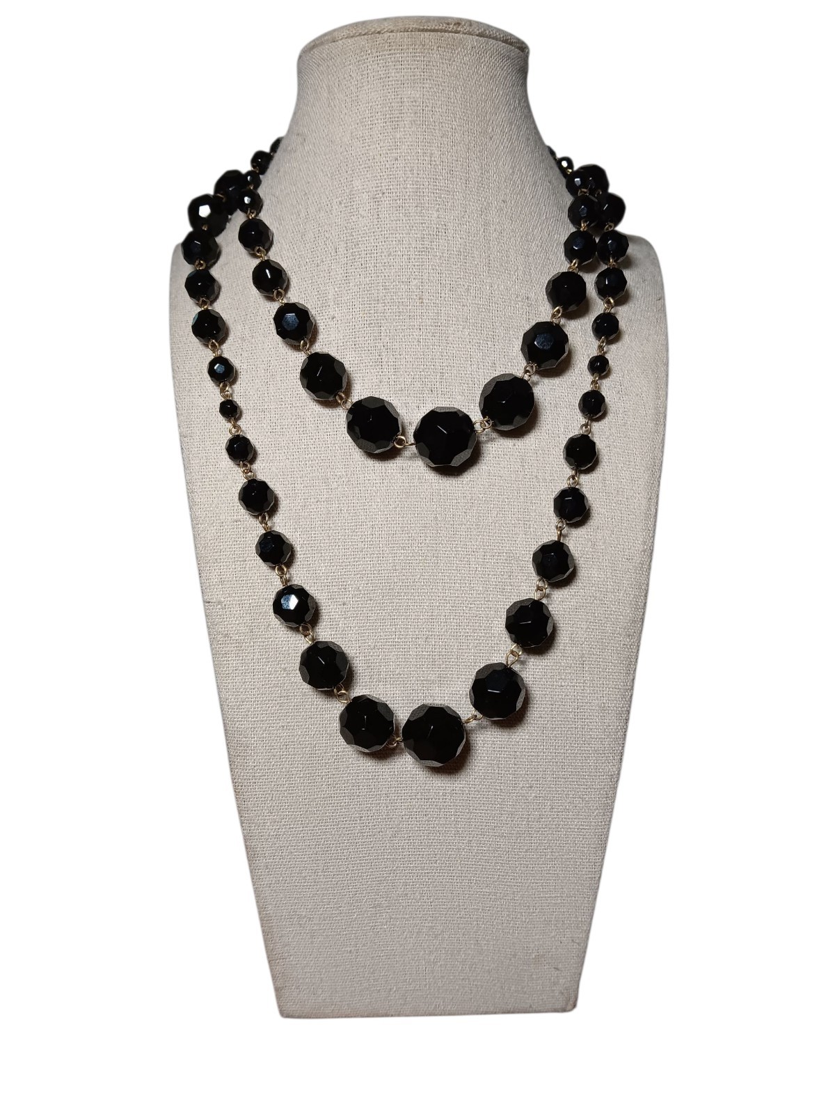 Necklace Long Heavy Faceted Jet Black Graduated Bead Rosary Style Chain Link 36″