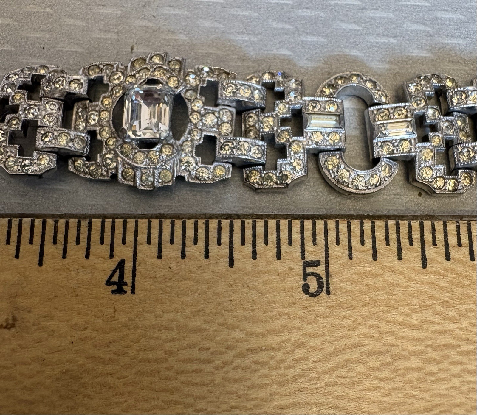 30s Art Deco Rhinestone Bracelet Baguettes Emerald Cut Crystal Pot Metal 7″