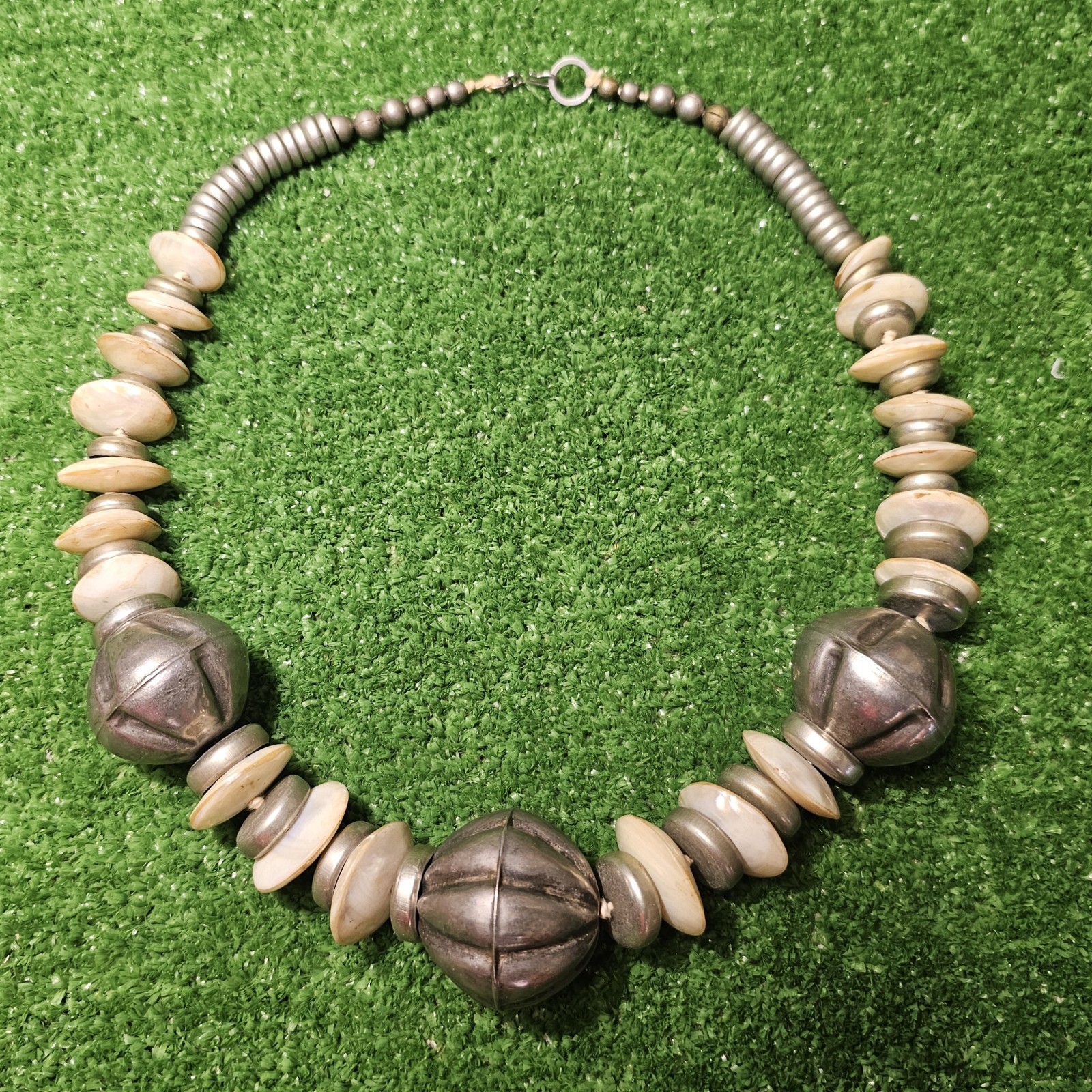 Tribal Ethnic Statement Necklace Pewter & Seashells 27″ Hook & Clasp
