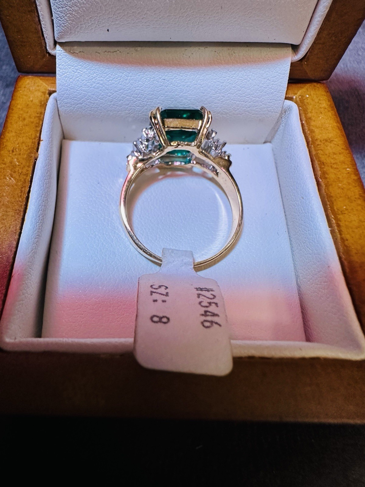 Vintage Austrian Crystal Emerald Cut Green Ring w Wood Box & New Tag Size 8