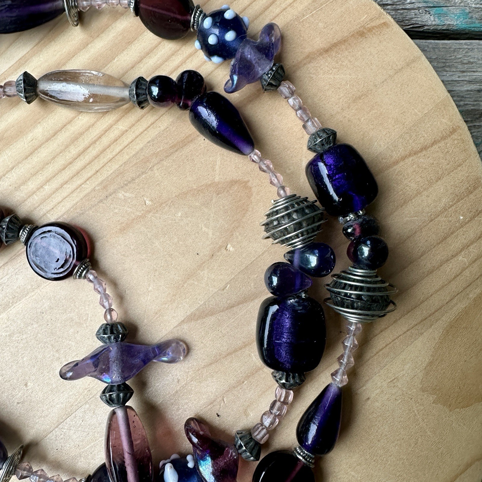 VTG Artisan Beaded Necklace 41 Inch Metal Art Glass Statement Tassel Multicolor