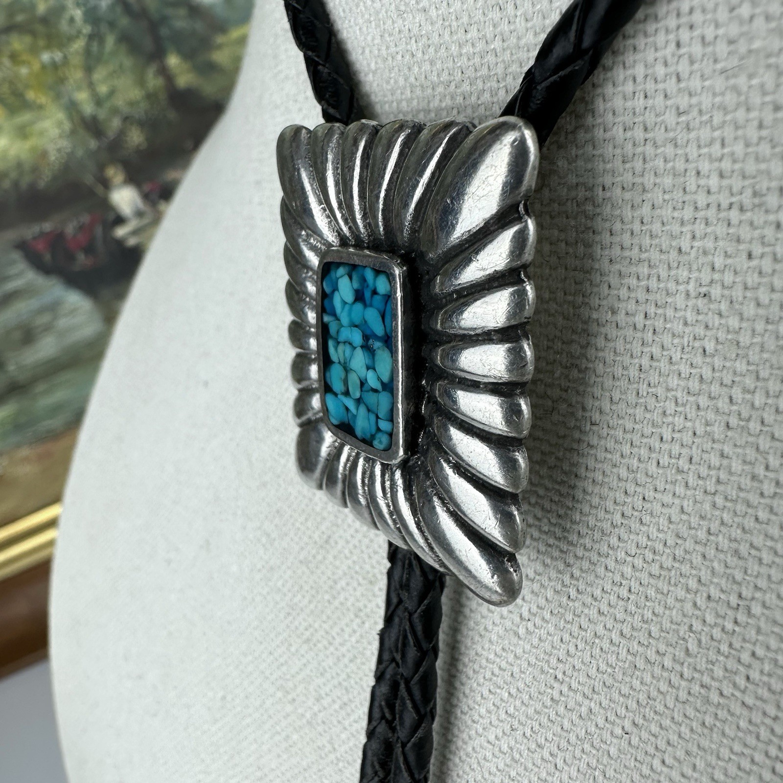 Vintage Silver Pewter Turquoise Chip Inlay Western Bolo Tie Nickel Silver Tips