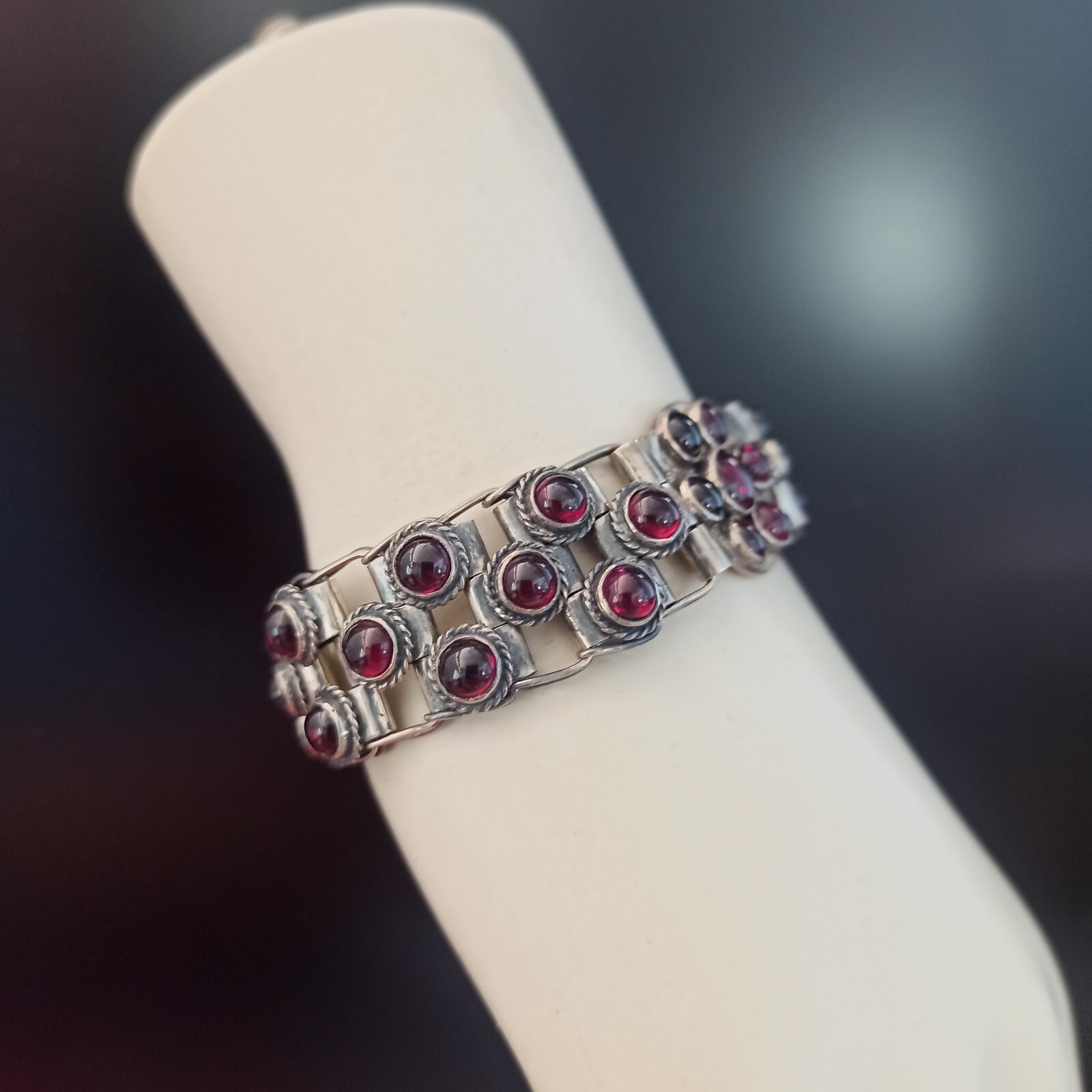 Vintage Garnet Bracelet 925 Silver Wide Statement Artisan GI OOAK Ethnic Boho