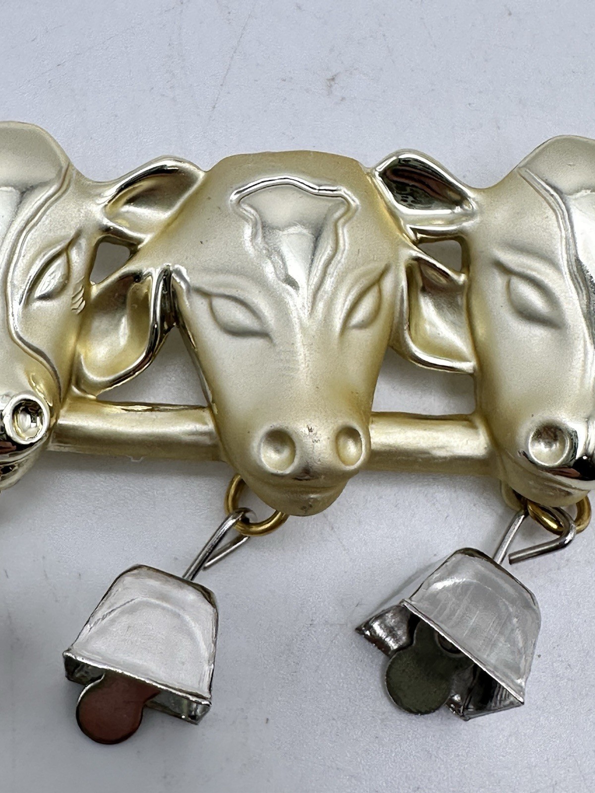 Vintage Gold Tone 3 Cow Brooch Pin with Dangling Silver Tone Bells Signed AJC
