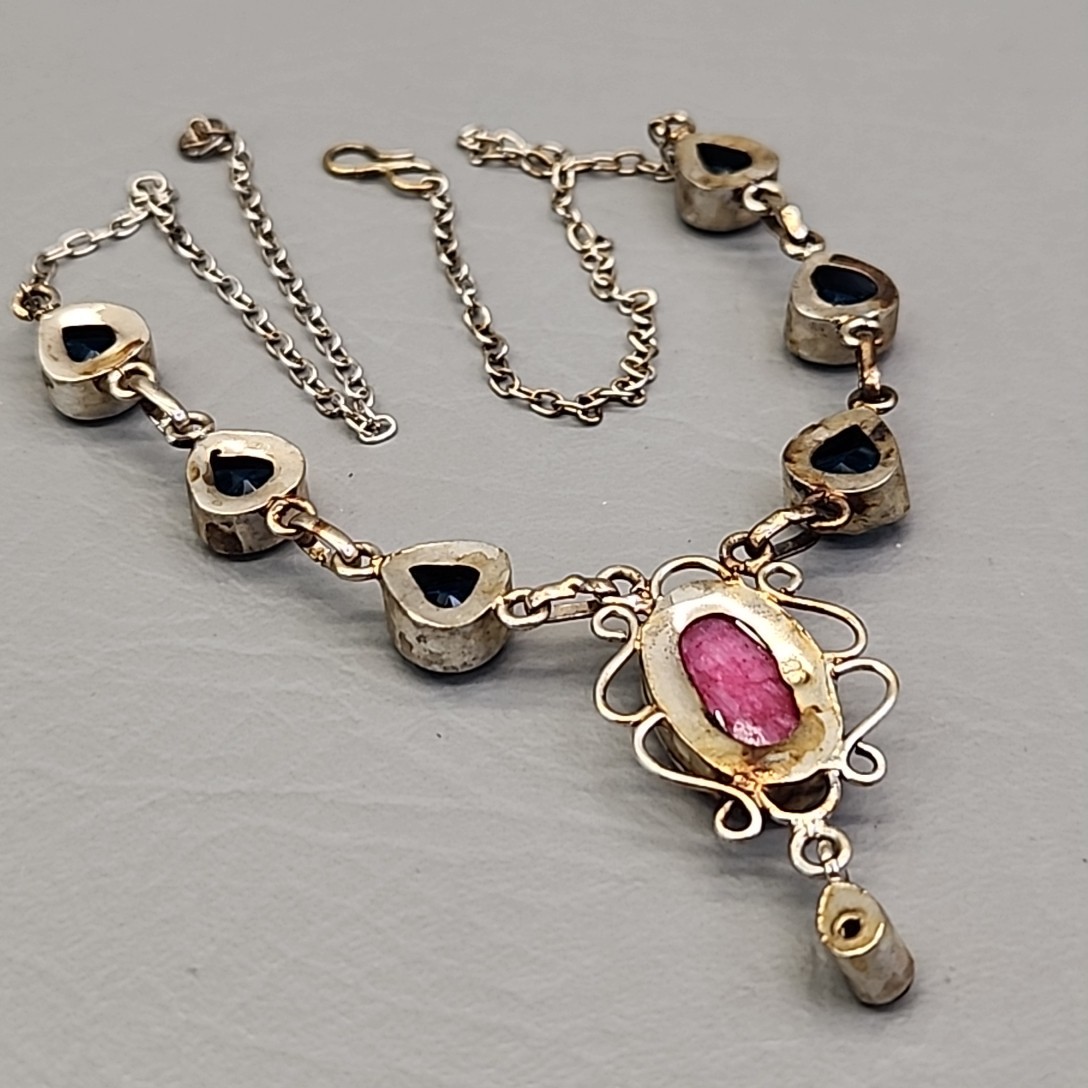 Vintage Glass Bead Necklace Blue Beads Pink Quartz Artisan Silver Tone 18.75″