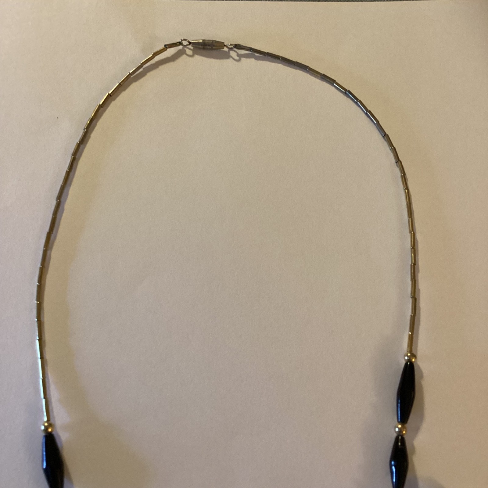 Vintage Black Coral Necklace Gold Tone Beads Mid Century Modern Statement