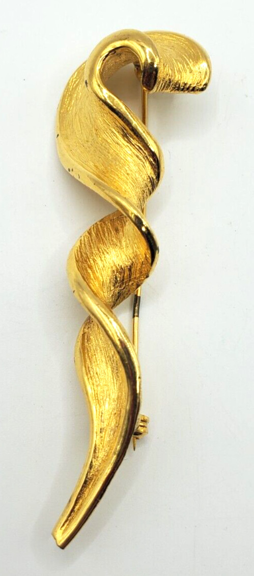Vintage Swirl Twist Textured Ribbon Large Gold Tone Brooch Pin