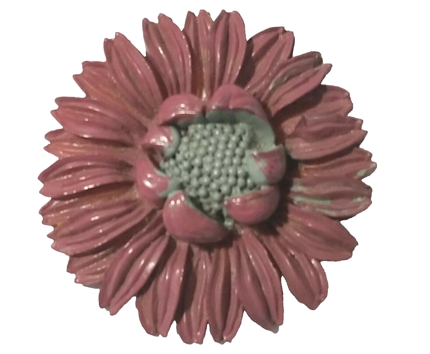 PURPLE AND BLUE CELLULOID OR PLASTIC SUNFLOWER PIN VINTAGE C-CLASP