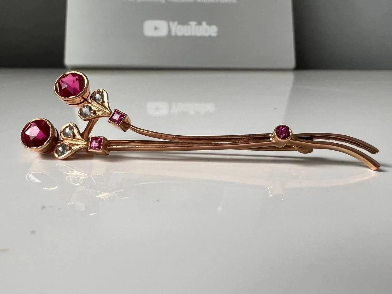 Vintage Soviet Solid Rose Gold Ruby Brooch 583 14K USSR Original 4.28 g