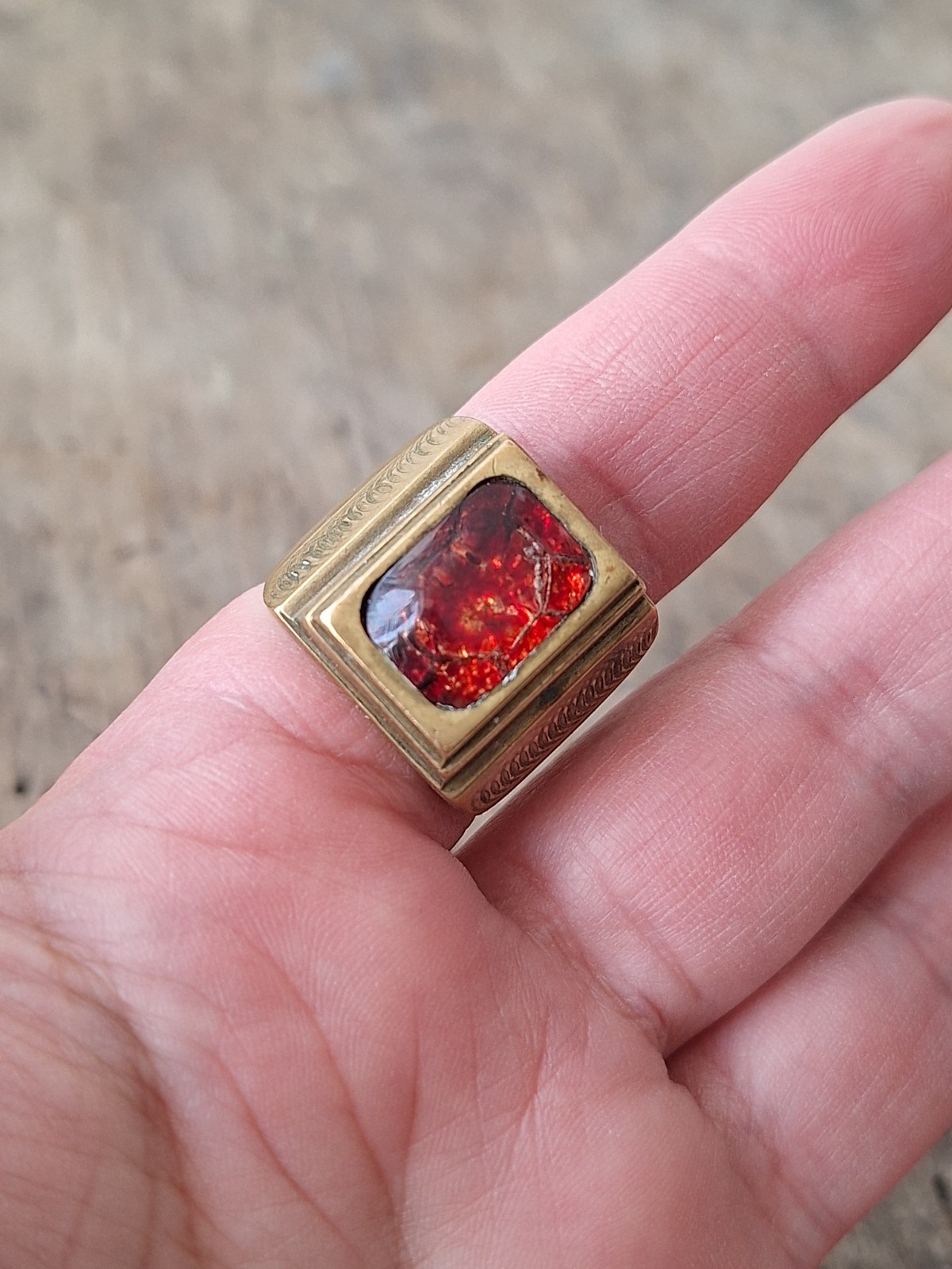 Soviet Prison Art Ring, USSR Inmate Folk Art, Plexiglass Brass Signet Ring