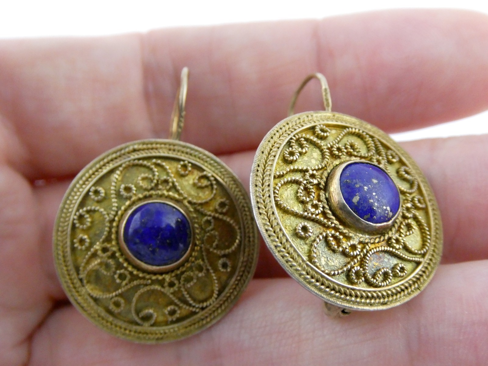 Vintage Gilt Sterling Silver Scroll Motif Lapis Lazuli Hook Earrings 7.3g 1.25In