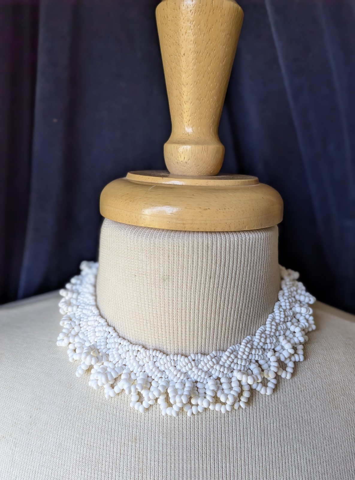 Vtg Japan MCM White Braided Seed Bead Scallop Fringe Collar 15″ Necklace AS IS
