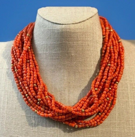 Vintage 18k Gold Multi Strand Coral Necklace Statement Chunky European 17”