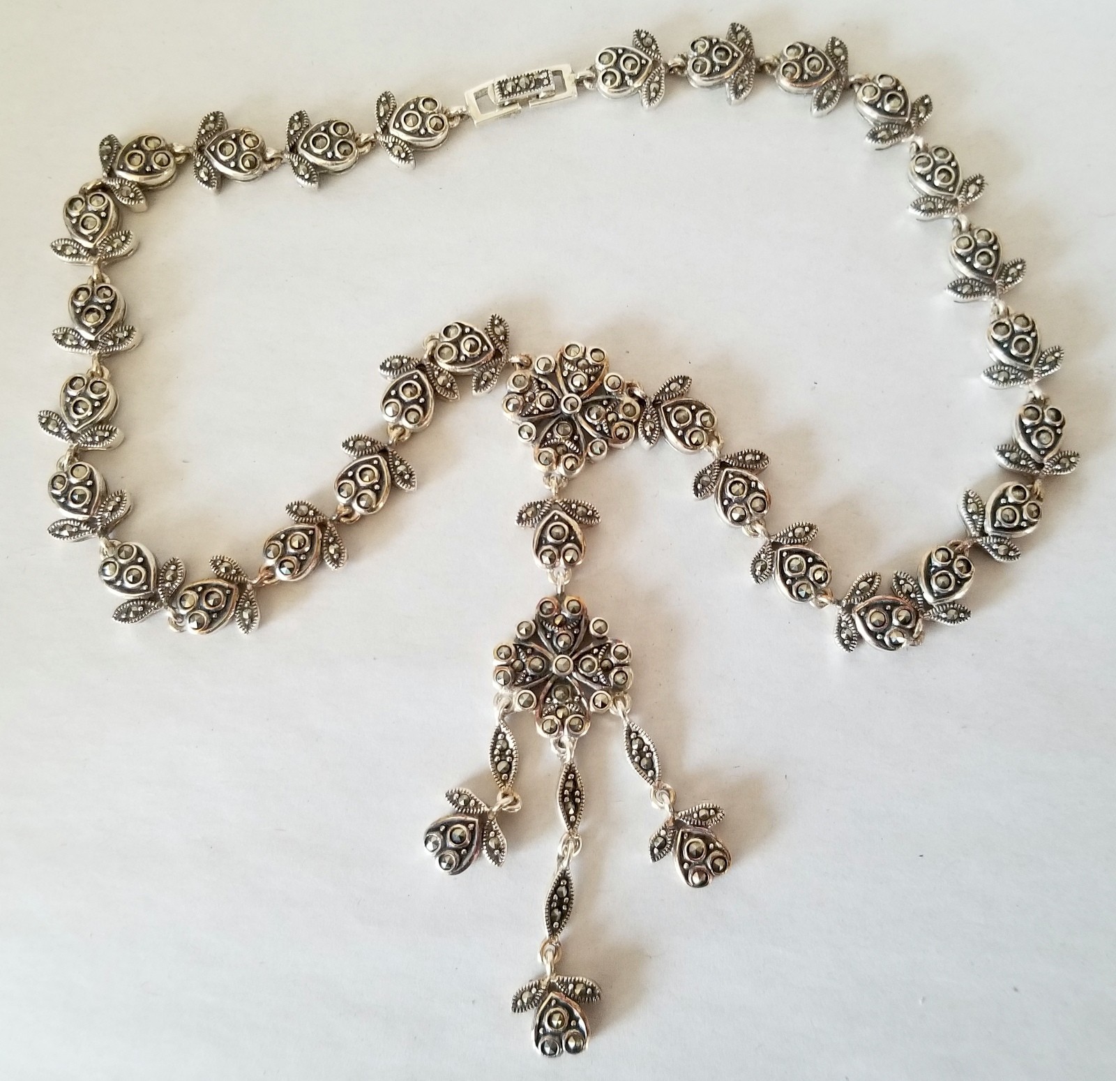 52gms Vintage 925 Silver Hearts Flowers Marcasite Victorian Drop Style Necklace