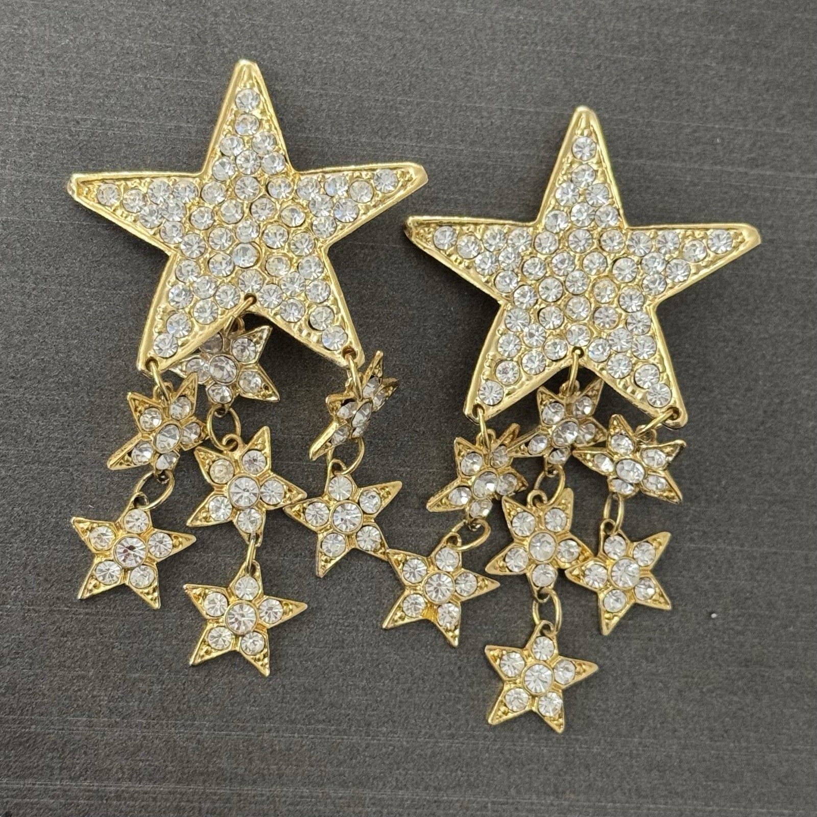 80s French Couture Austrian Pave Crystal Gold Tone Star Drop Runway Earrings