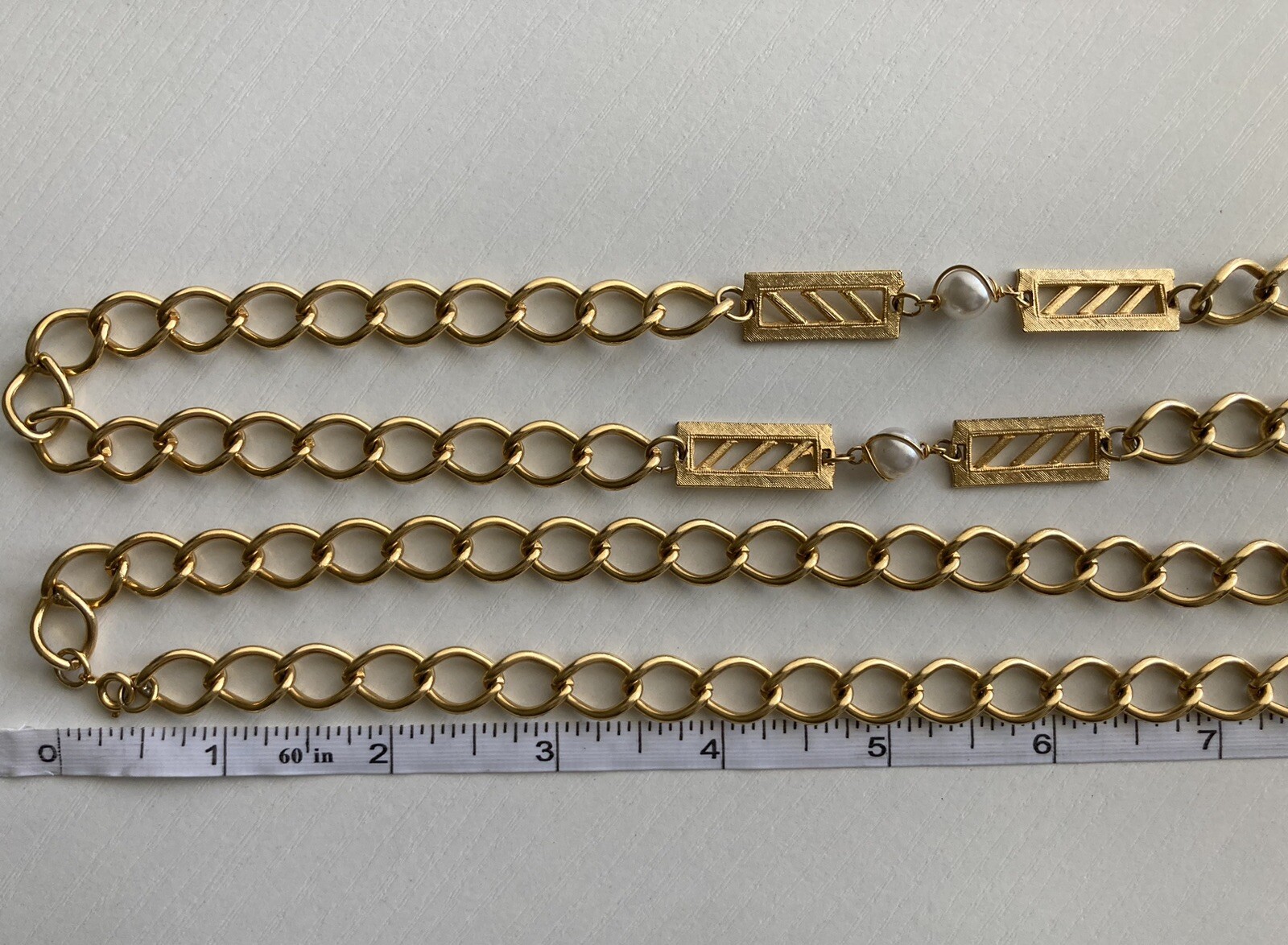 Vintage Gold Tone Bar Faux Pearl Station Oval Link Chain 52 inch Necklace 89.13g