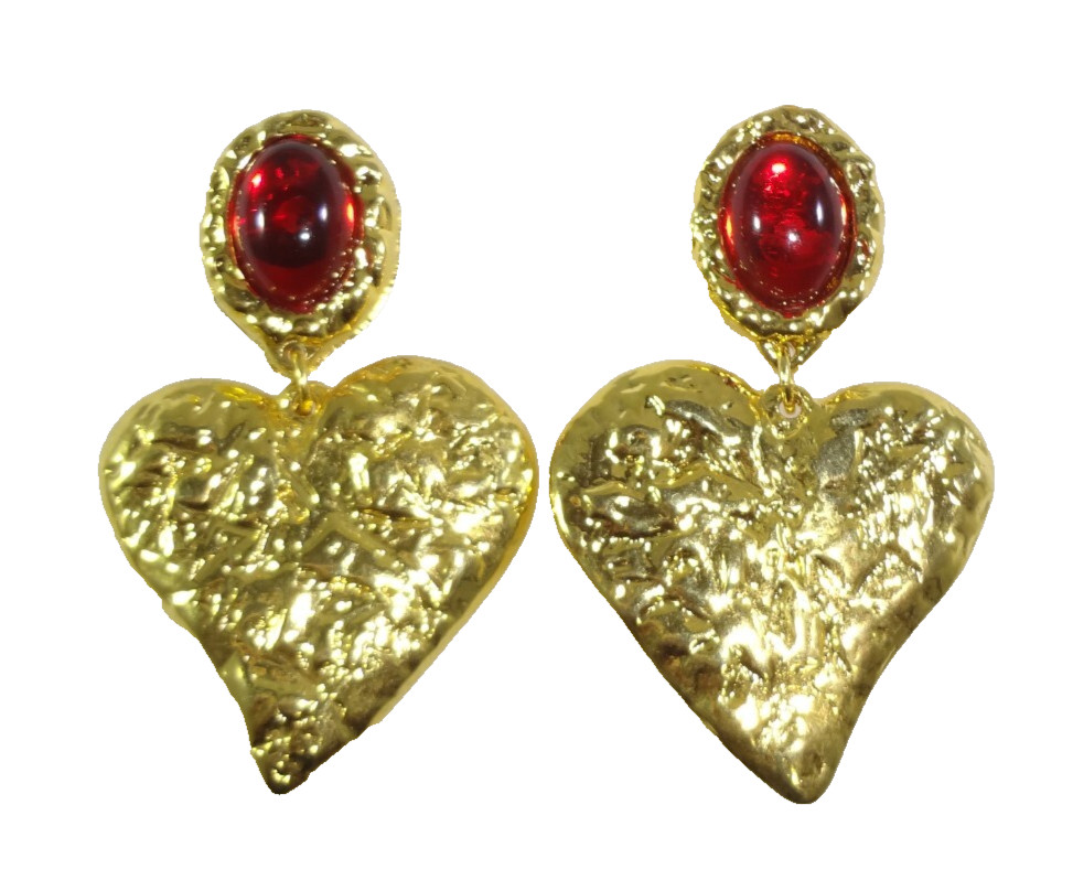 Vtg AVON Red Cabochon 1993 BOLD HEART Mogul Lightweight Clip On Earrings 2 3/4″!