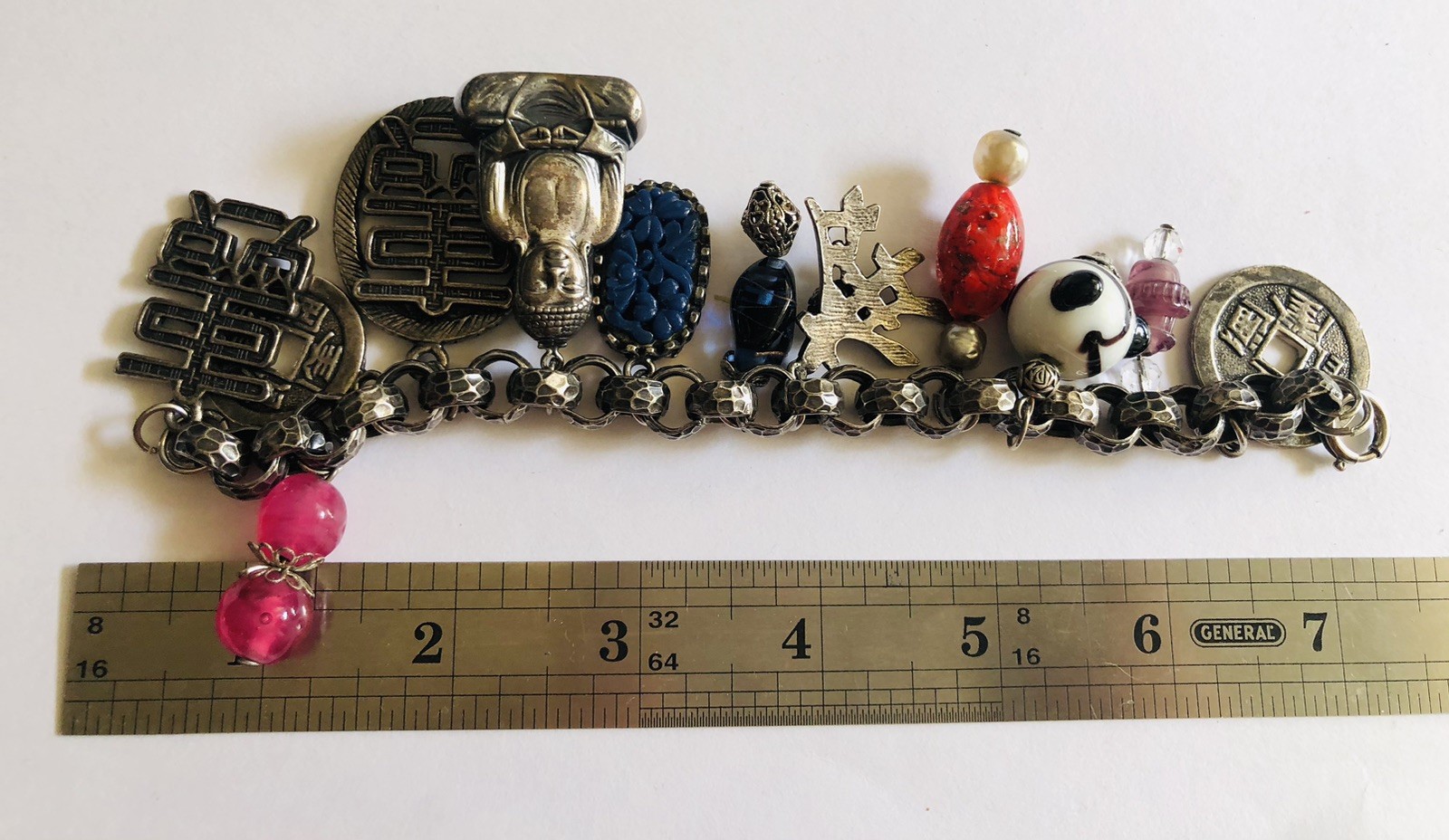 VTG Germany Bracelet, Asian Theme, Murano&plastic, Beautiful Silver Tone, Heavy.