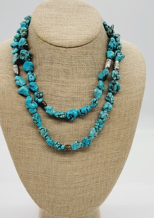 Coldwater Creek Faux Turquoise Stone Nugget Necklace Vintage 35 in
