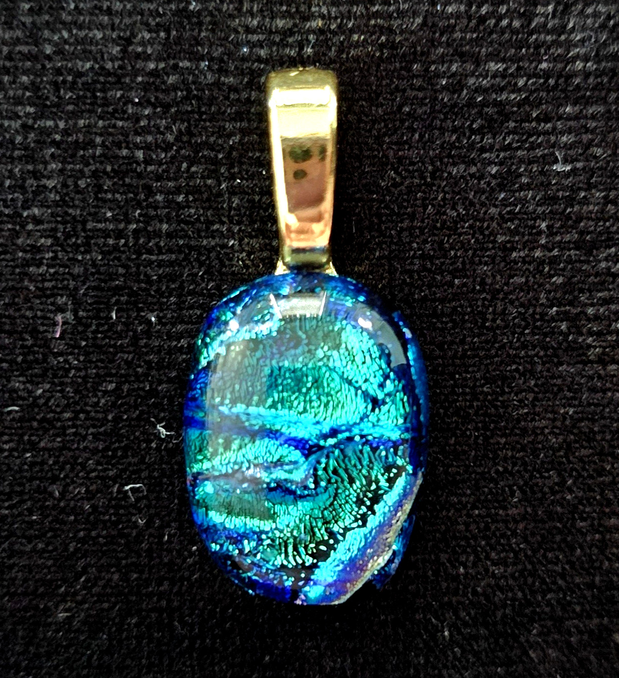 Blue Green Dichroic Glass Jewelry Set Pendant Clip Earrings Gold Tone Eclectic