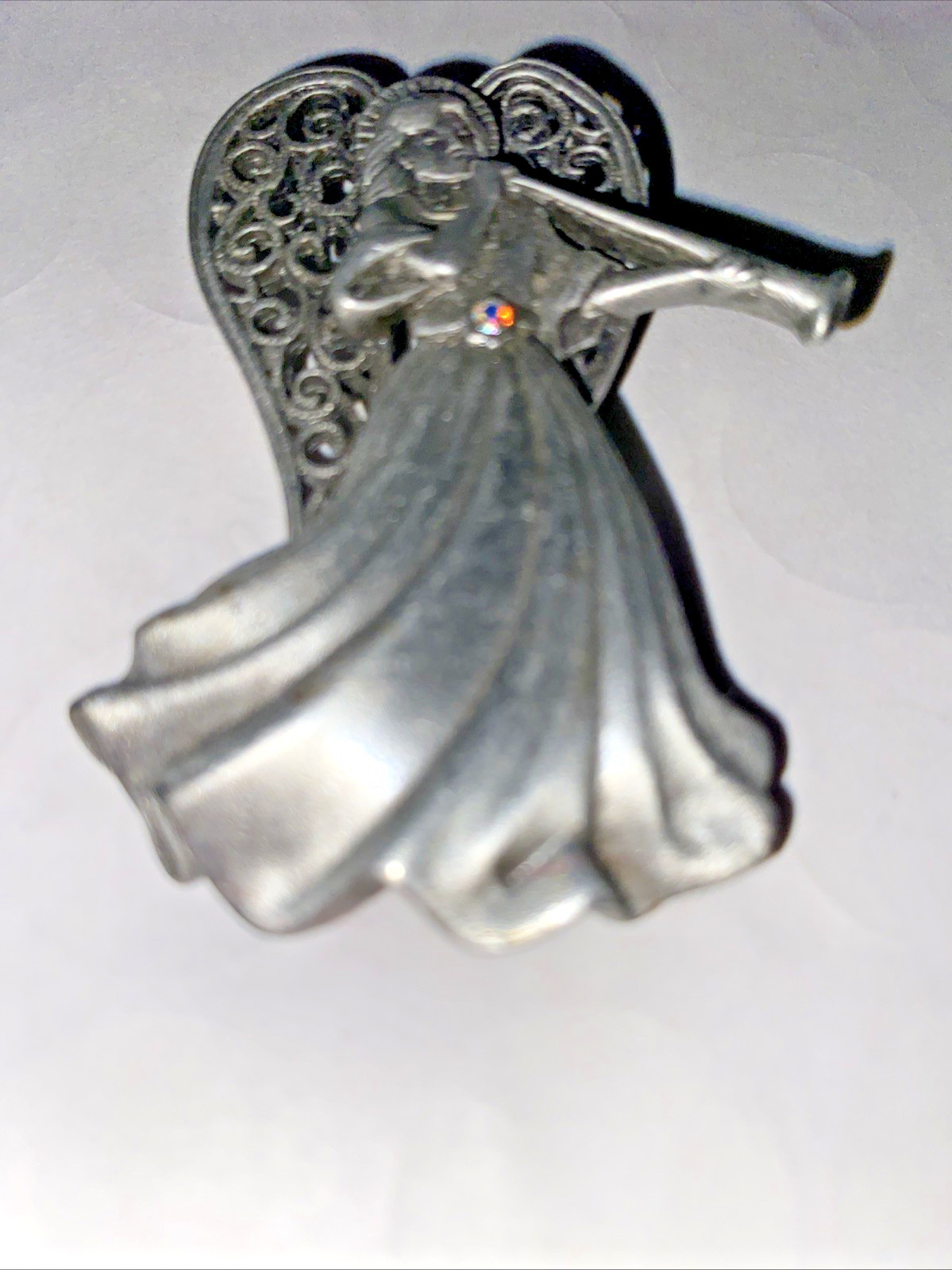 JJ Jonette Pewter Angel Brooch Pin Rhinestone Jewelry Vintage, Christmas