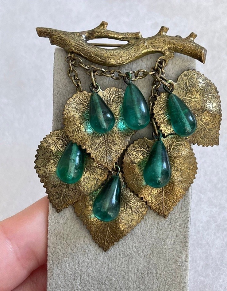 Antique brooch large Grapes brooch 1920-30s Vintage green glass beautiful